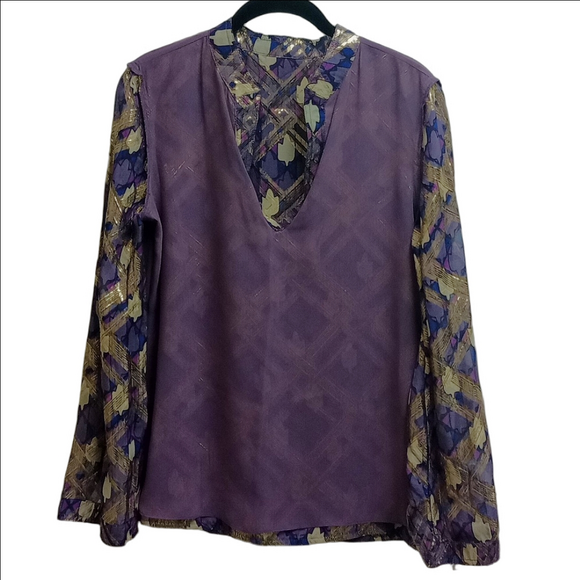 🆕 TORY BURCH PLUM PURPLE SILK BELL SLEEVES BLOUSE WITH GOLD METALLIC ACCENTS - Picture 8 of 10